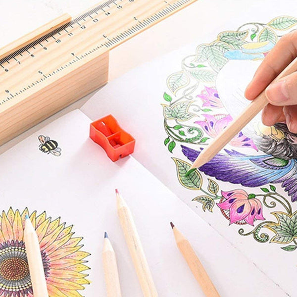 Colorful Wooden Pencil Set with Pencil box, Ruler, Sharpener (12 Pcs Set)